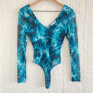 Socialite Blue and Black Tie Dye Long Sleeve Sheer Mesh Bodysuit Size XS